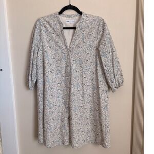 Zara Lined Floral Eyelet V-neck Button front Dress Puff Sleeves Cream & Blue